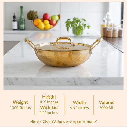 Pure Brass Hammered Kadhai with Lid & Tin lining- Durable & Stylish