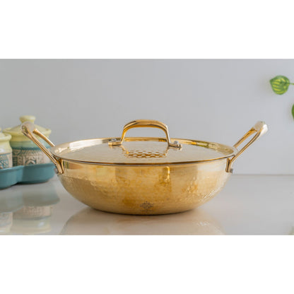 Pure Brass Hammered Kadhai with Lid & Tin lining- Durable & Stylish