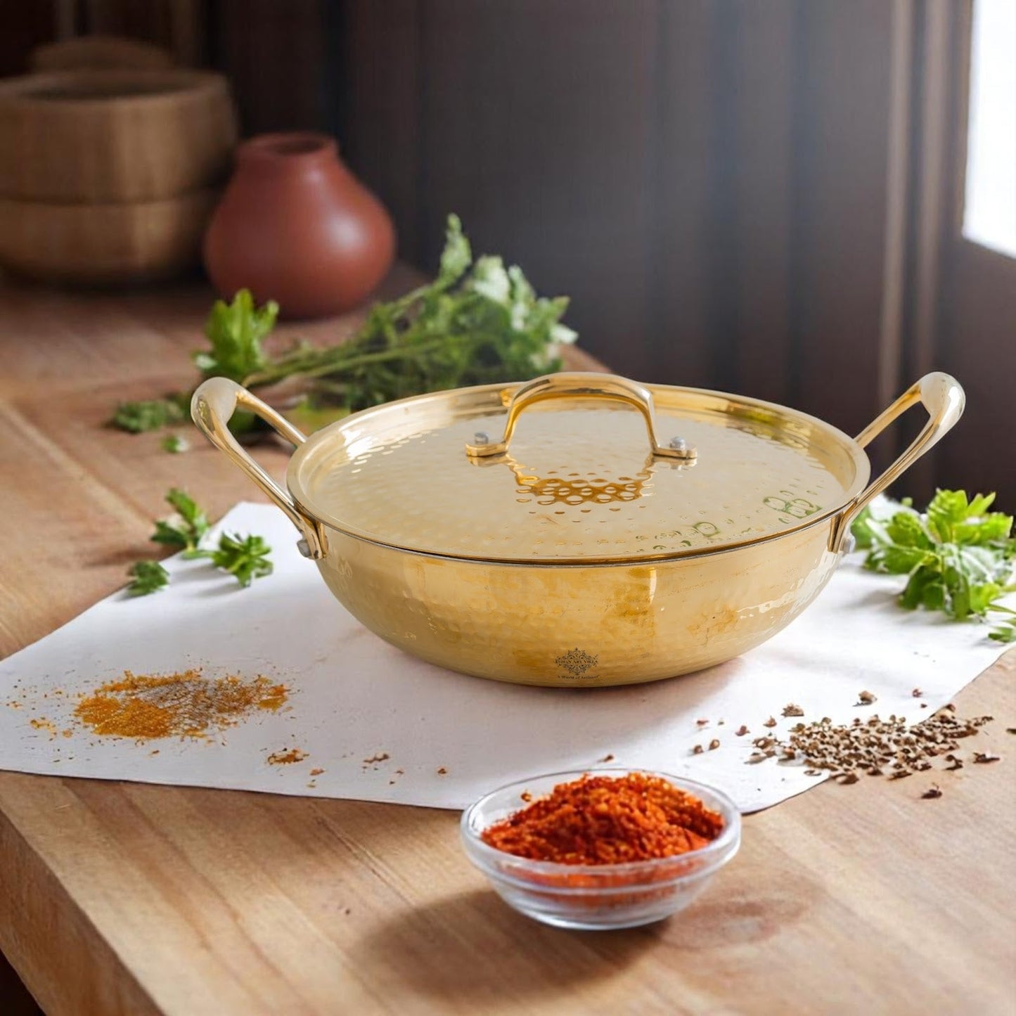 Pure Brass Hammered Kadhai with Lid & Tin lining- Durable & Stylish