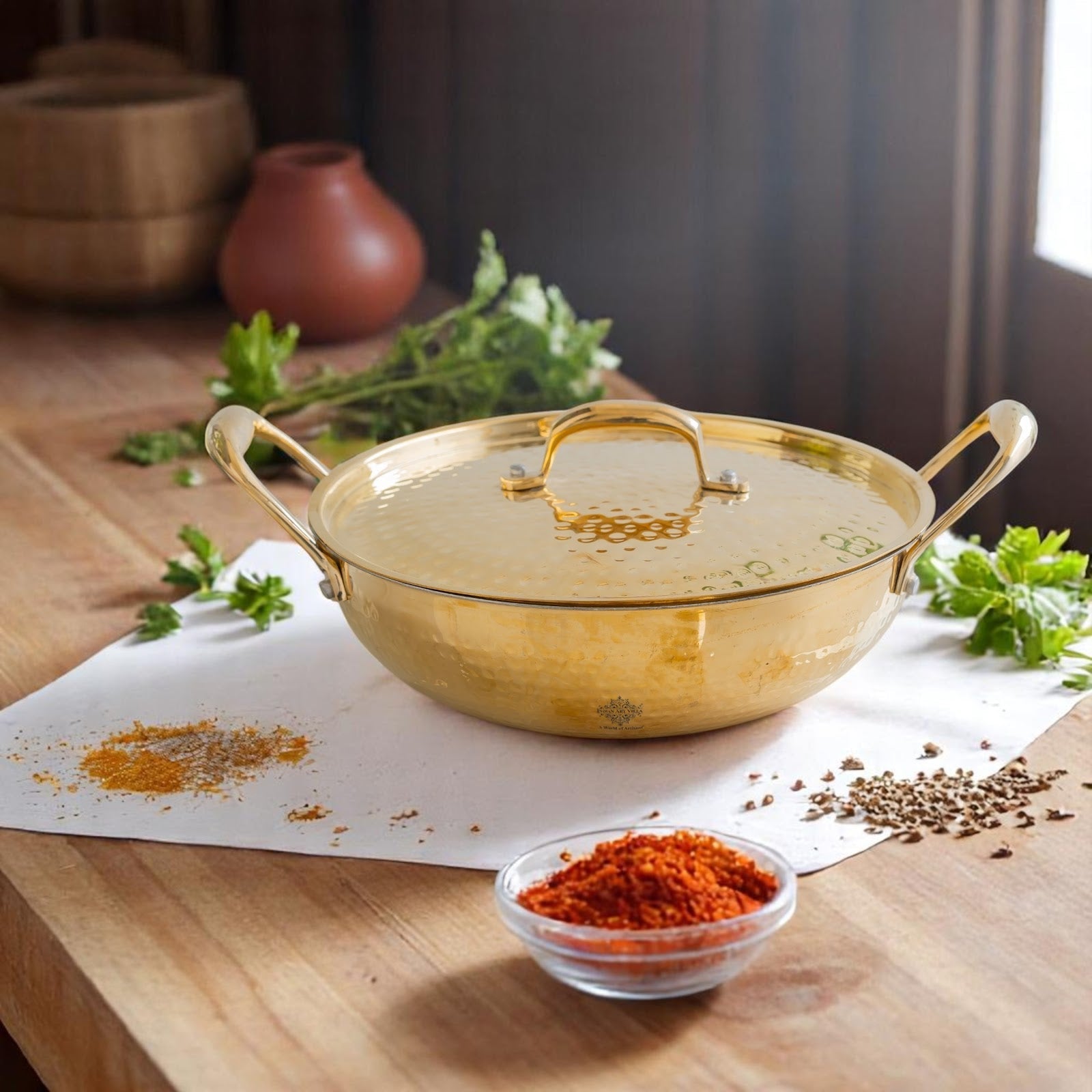 Pure Brass Hammered Kadhai with Lid & Tin lining- Durable & Stylish
