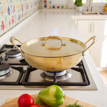 Pure Brass Hammered Kadhai with Lid & Tin lining- Durable & Stylish