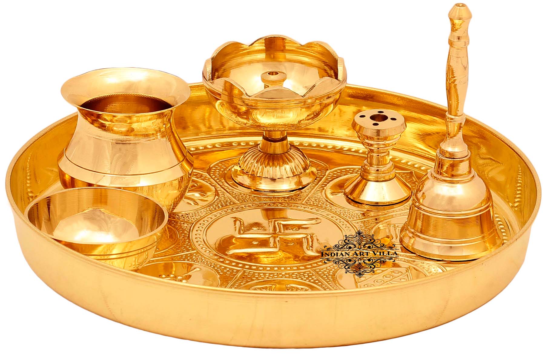 Pure Brass Astmanghal Puja Thali Set, Spiritual Item, 20.57 cm