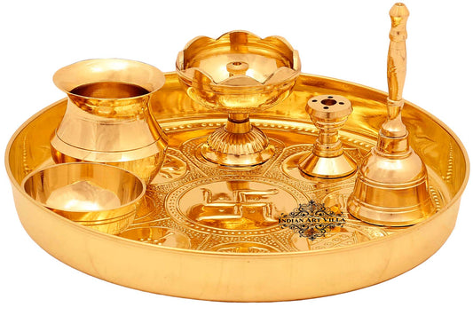 Pure Brass Astmanghal Puja Thali Set, Spiritual Item, 20.57 cm