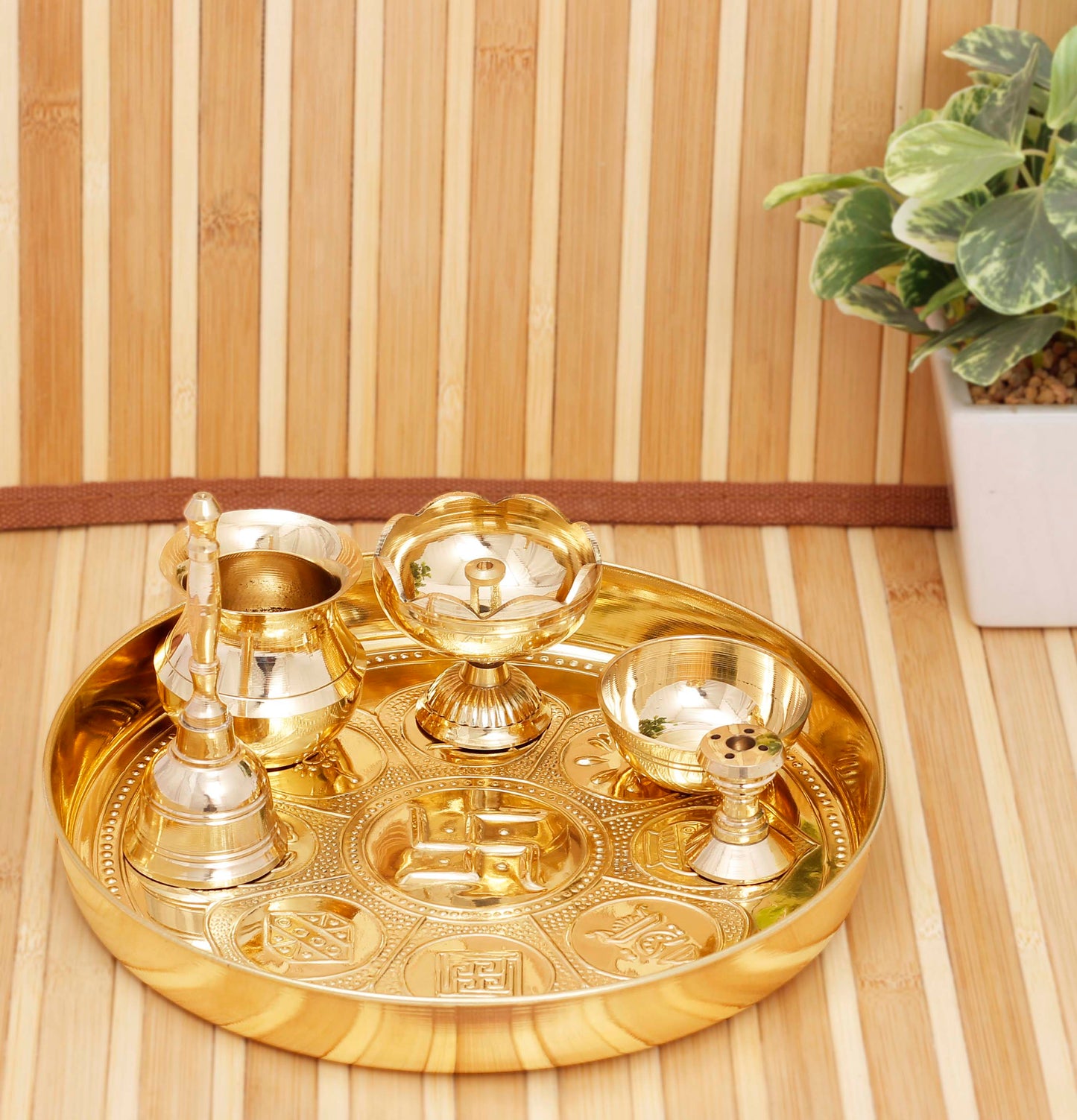 Pure Brass Astmanghal Puja Thali Set, Spiritual Item, 20.57 cm