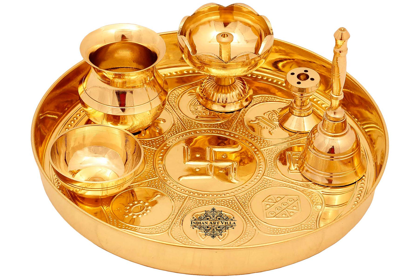 Pure Brass Astmanghal Puja Thali Set, Spiritual Item, 20.57 cm