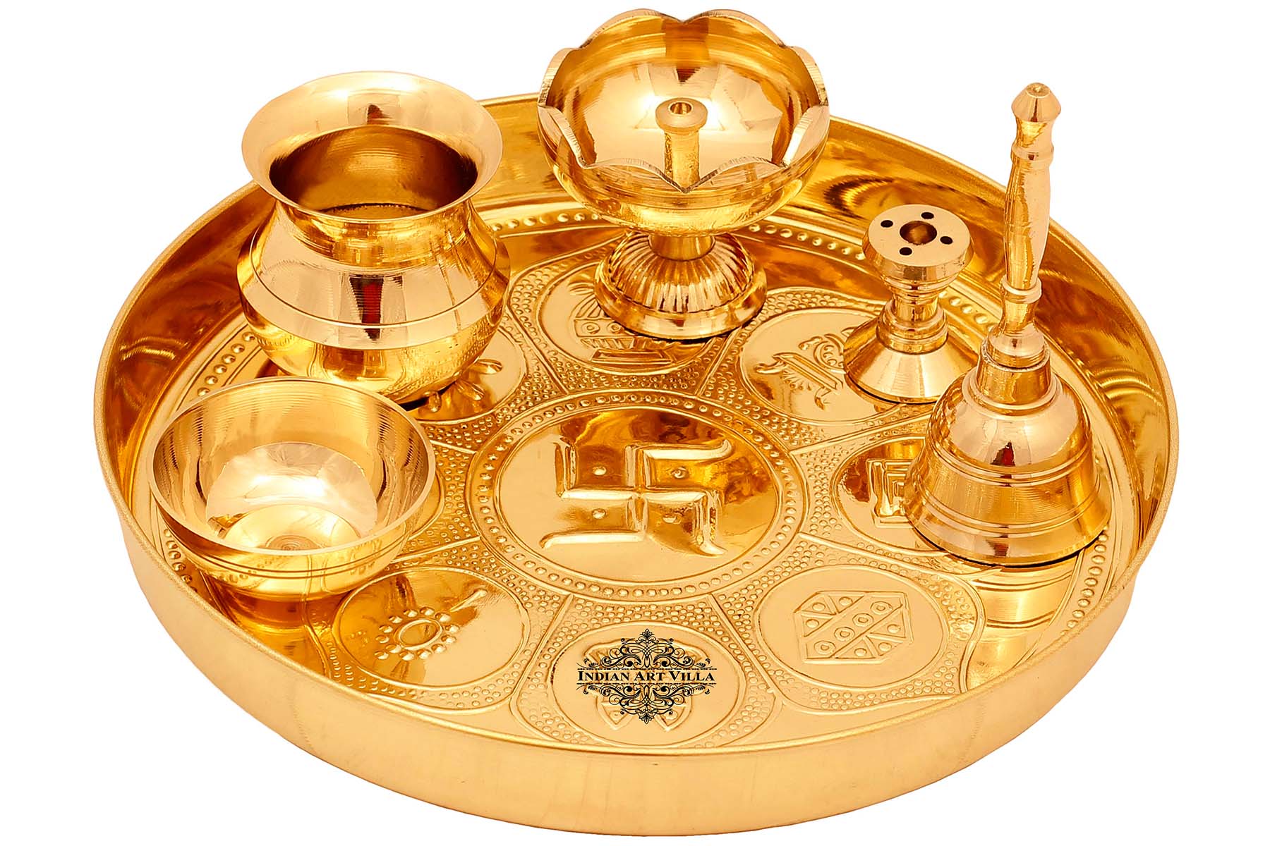 Pure Brass Astmanghal Puja Thali Set, Spiritual Item, 20.57 cm