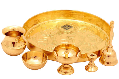 Pure Brass Astmanghal Puja Thali Set, Spiritual Item, 20.57 cm