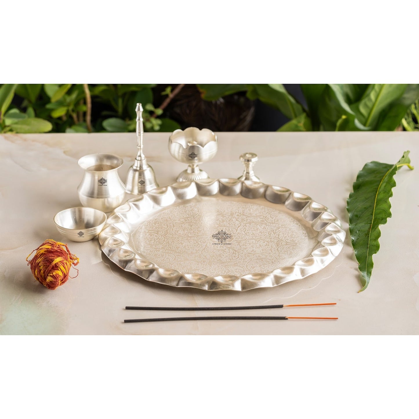 Silver Plated Pooja Thali With Embossed Design Set Of Five