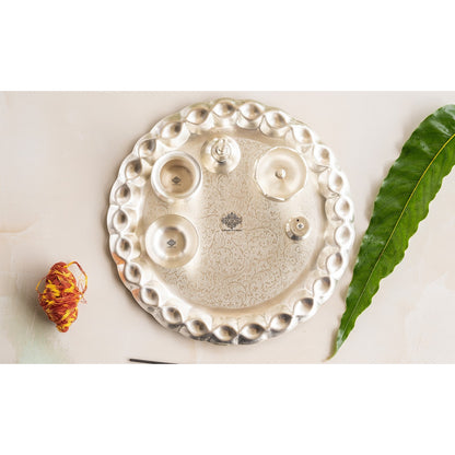 Silver Plated Pooja Thali With Embossed Design Set Of Five