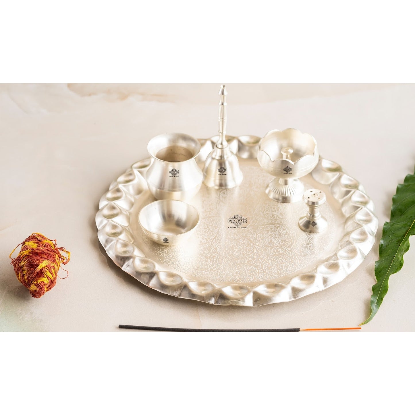 Silver Plated Pooja Thali With Embossed Design Set Of Five