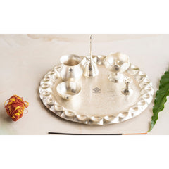 Silver Plated Pooja Thali With Embossed Design Set Of Five