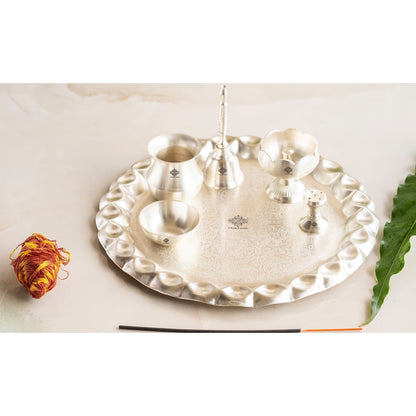 Silver Plated Pooja Thali With Embossed Design Set Of Five
