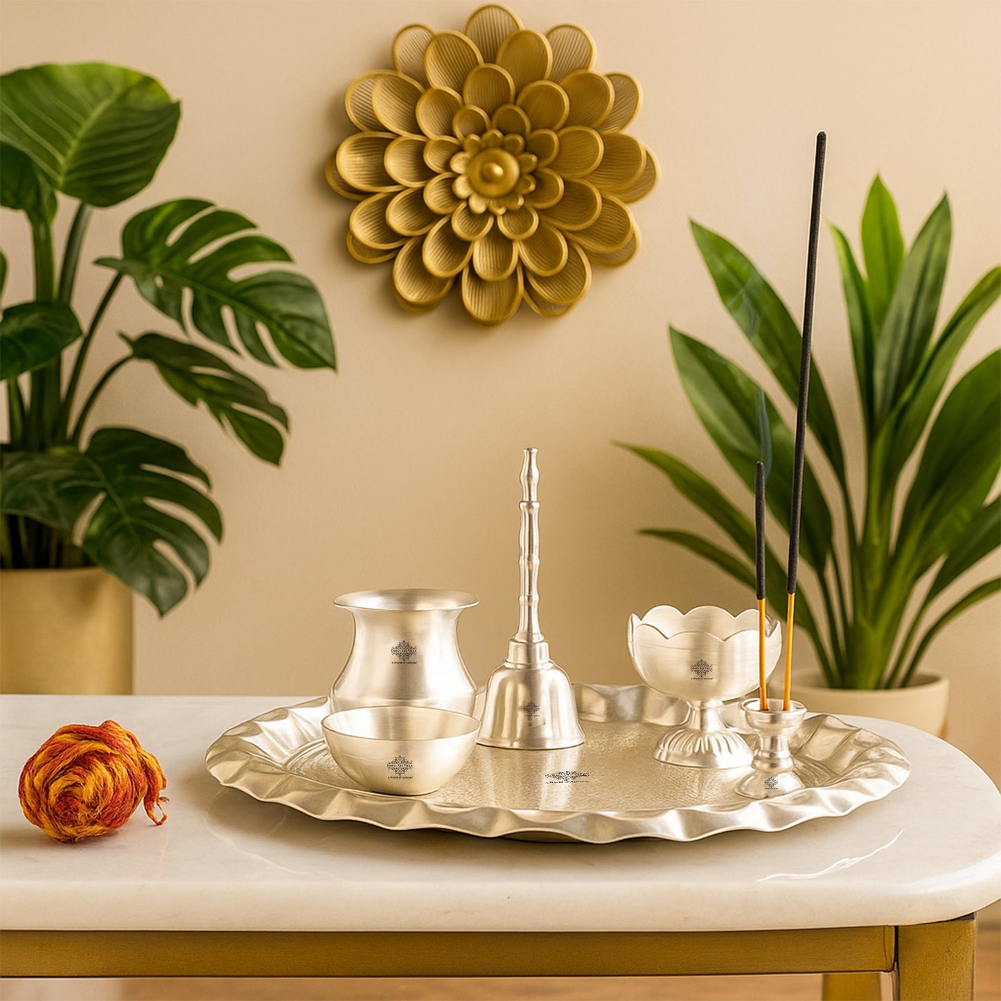 Silver Plated Pooja Thali With Embossed Design Set Of Five