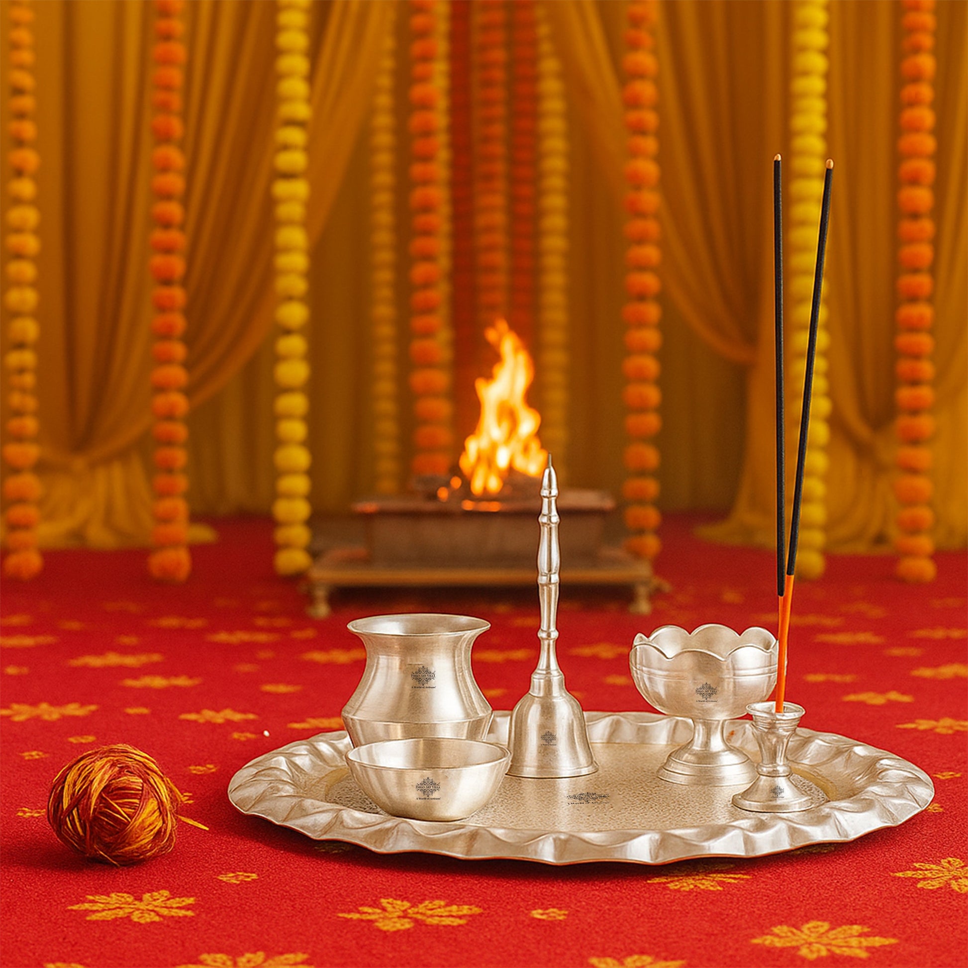 Silver Plated Pooja Thali With Embossed Design Set Of Five