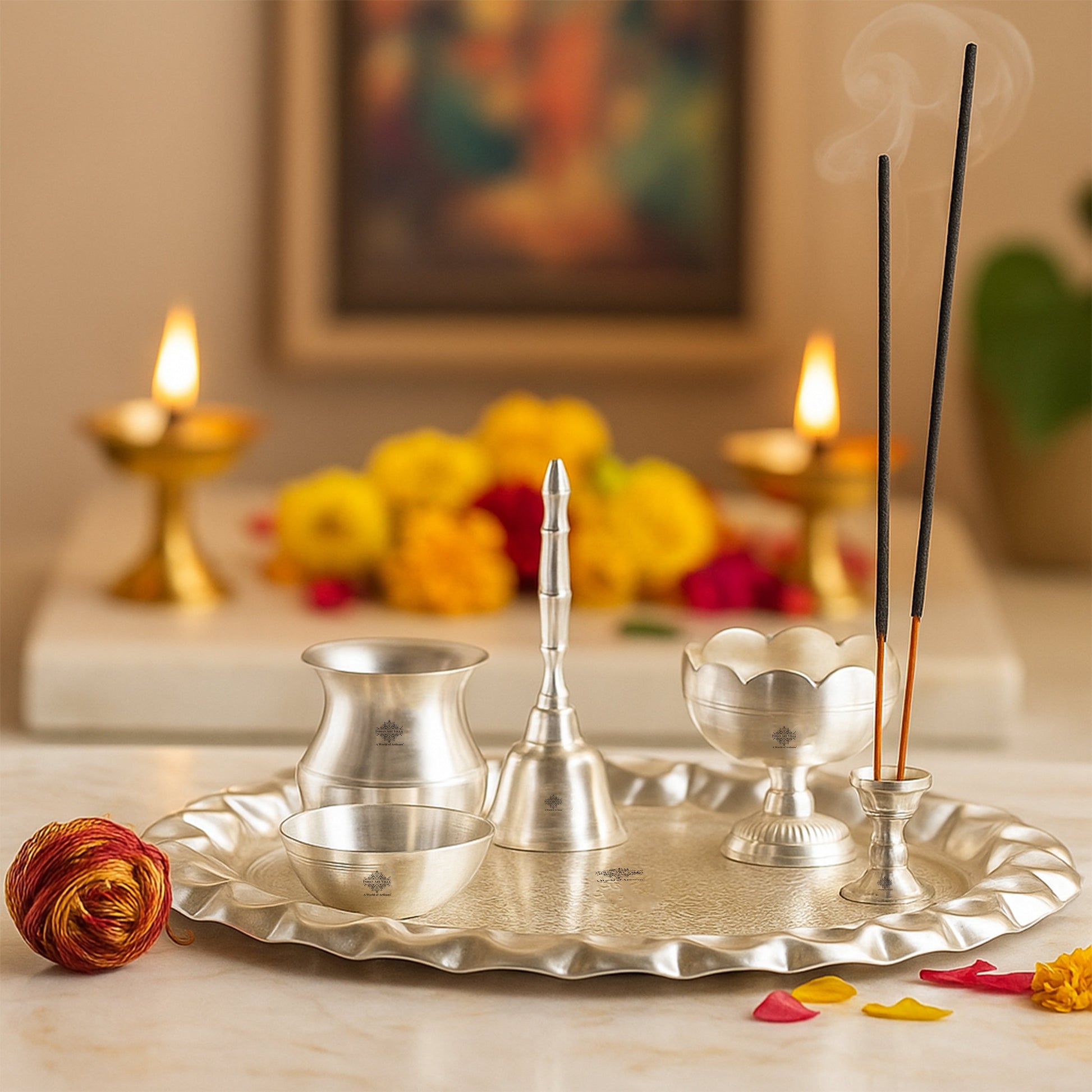 Silver Plated Pooja Thali With Embossed Design Set Of Five