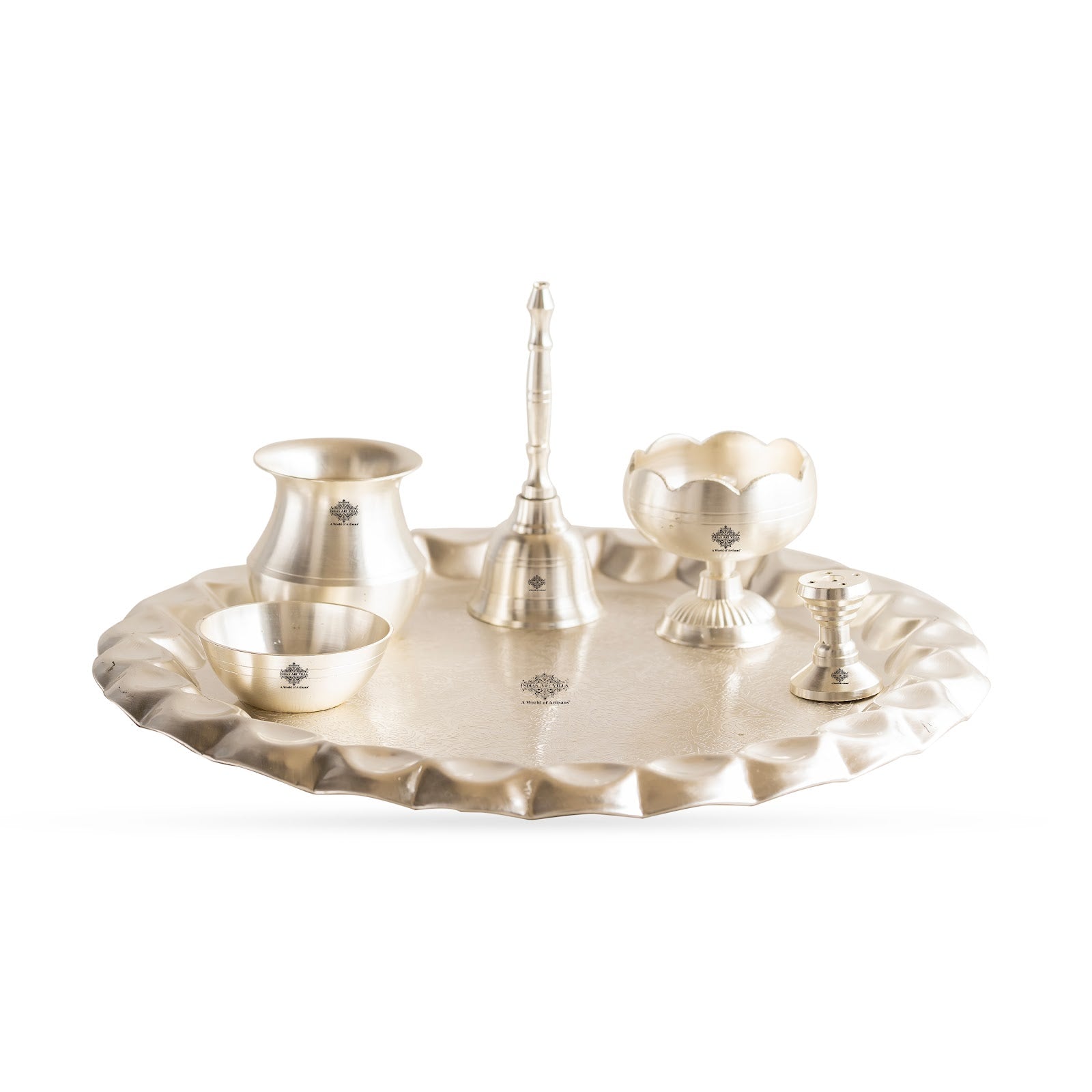 Silver Plated Pooja Thali With Embossed Design Set Of Five