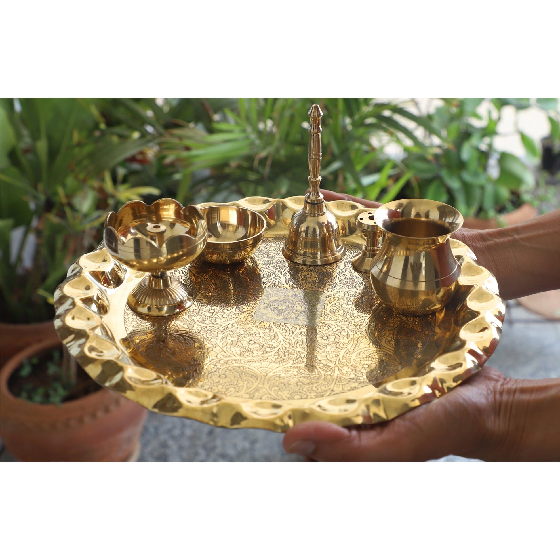 Pure Brass Handmade Embossed Pooja Thali Set with perfect Space & Raised Borders , Spiritual Item, 25.65 cm