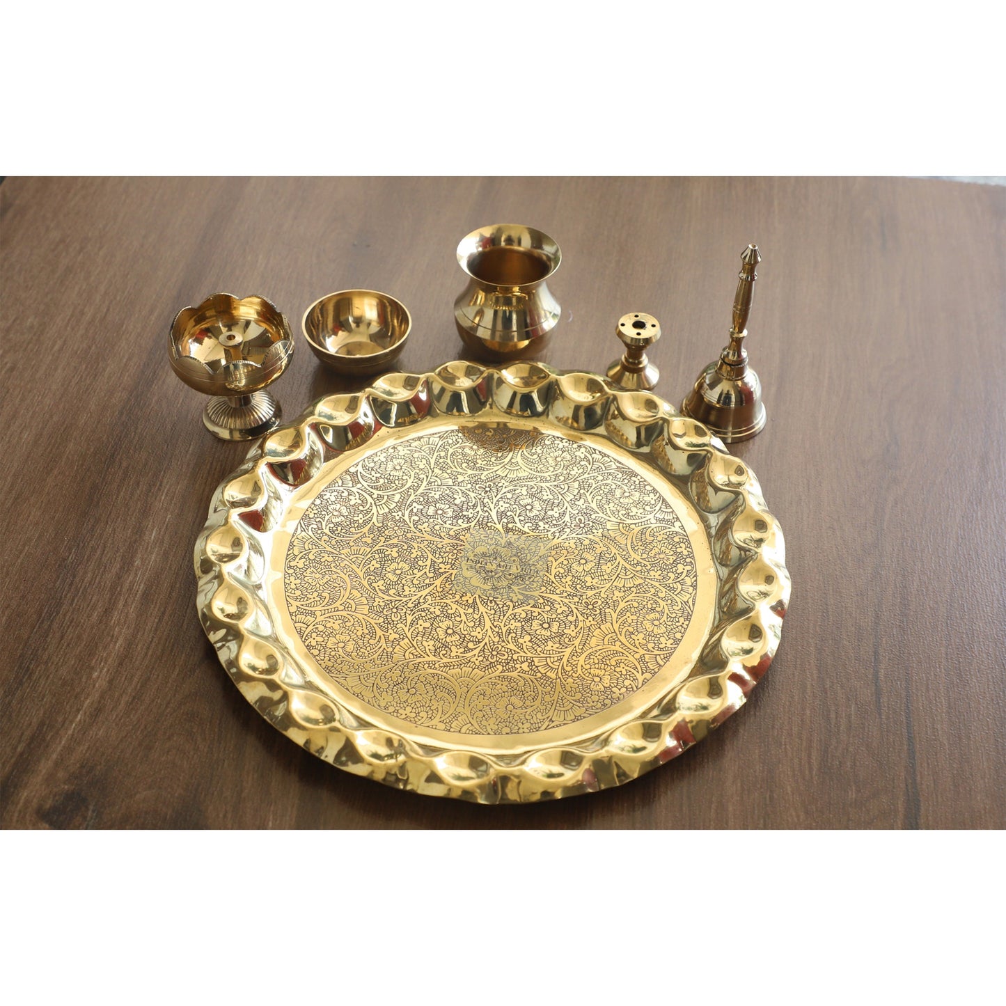 Pure Brass Handmade Embossed Pooja Thali Set with perfect Space & Raised Borders , Spiritual Item, 25.65 cm