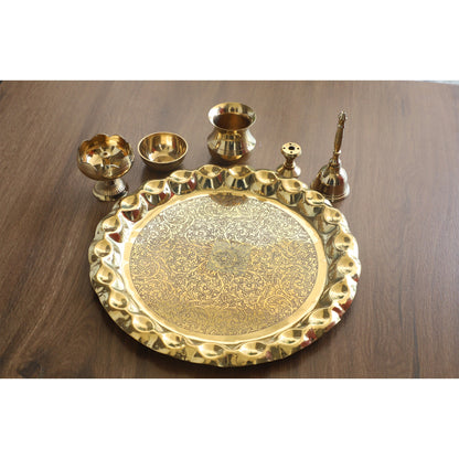 Pure Brass Handmade Embossed Pooja Thali Set with perfect Space & Raised Borders , Spiritual Item, 25.65 cm