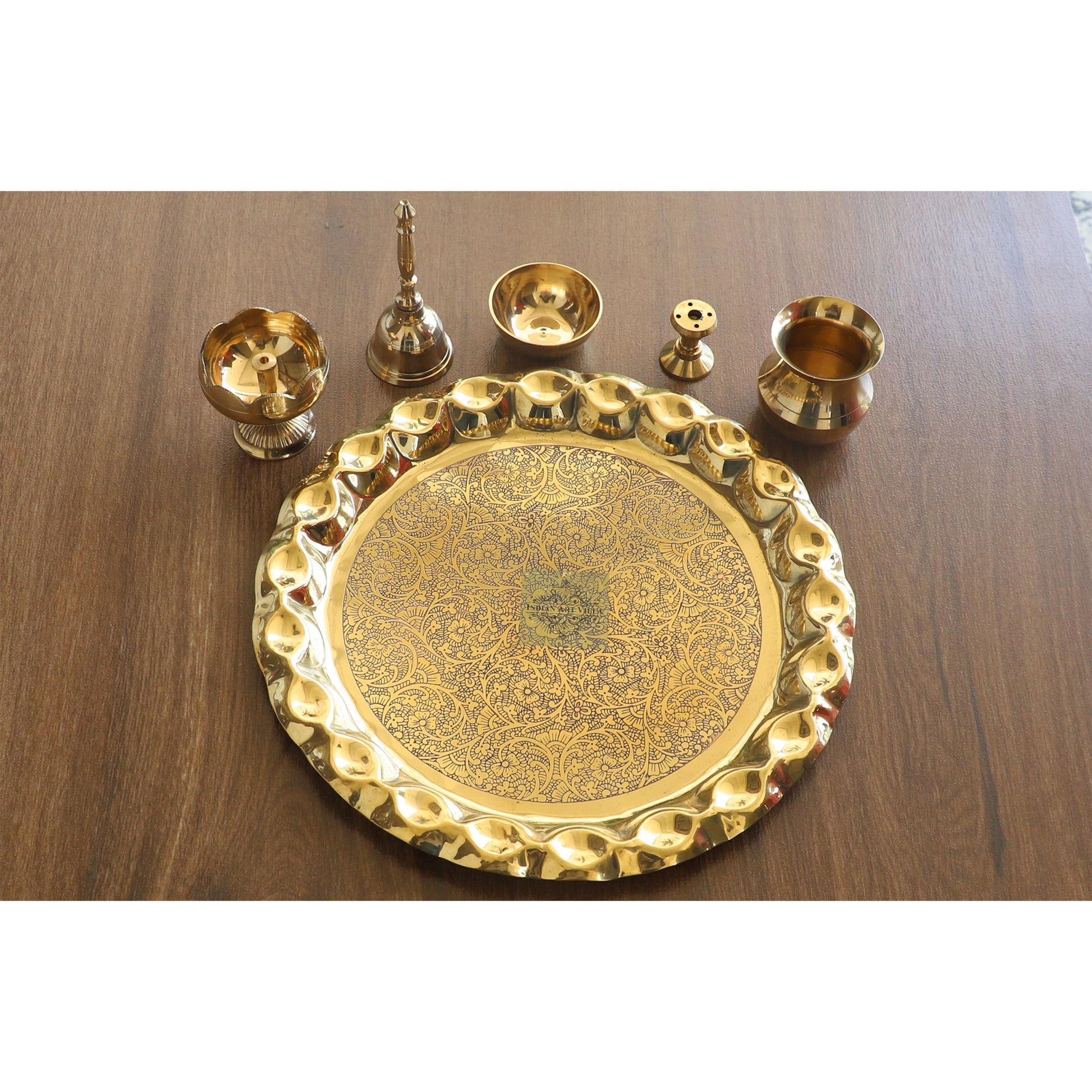 Pure Brass Handmade Embossed Pooja Thali Set with perfect Space & Raised Borders , Spiritual Item, 25.65 cm