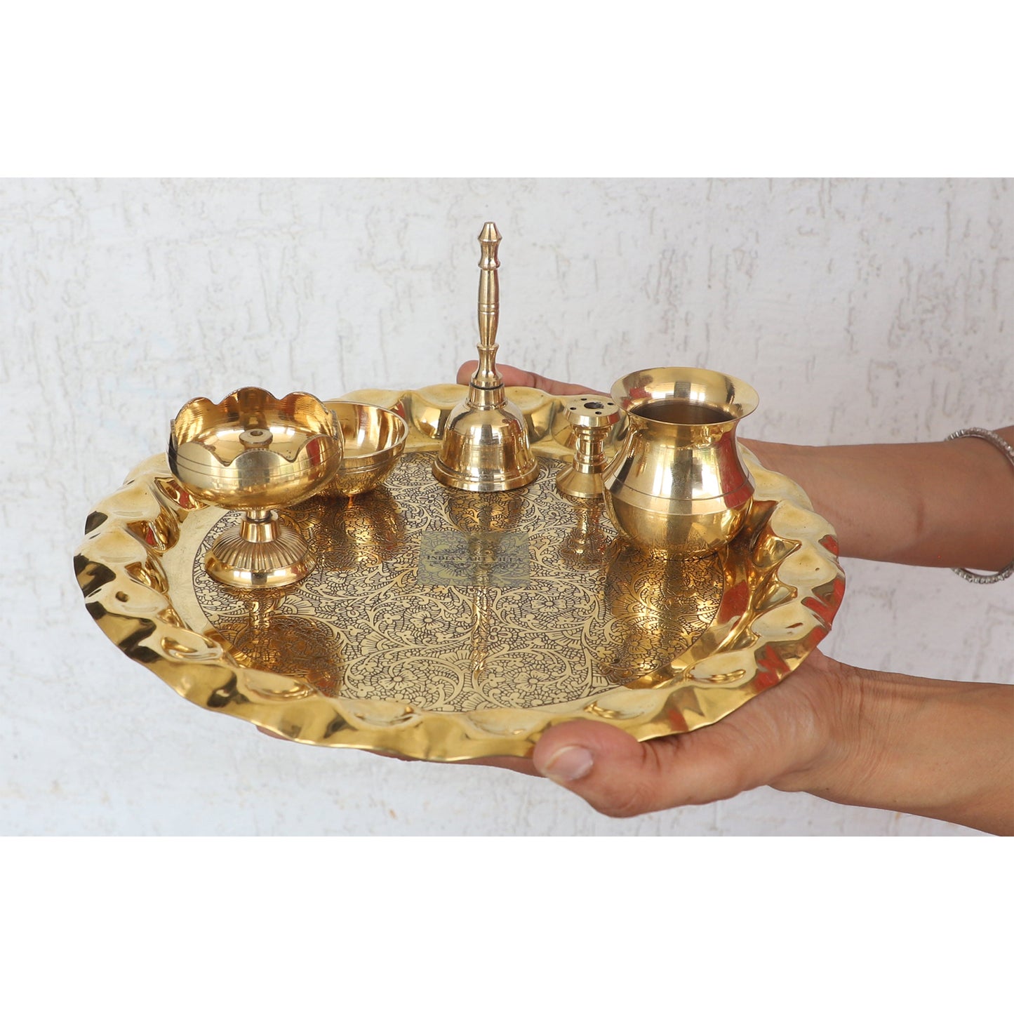 Pure Brass Handmade Embossed Pooja Thali Set with perfect Space & Raised Borders , Spiritual Item, 25.65 cm