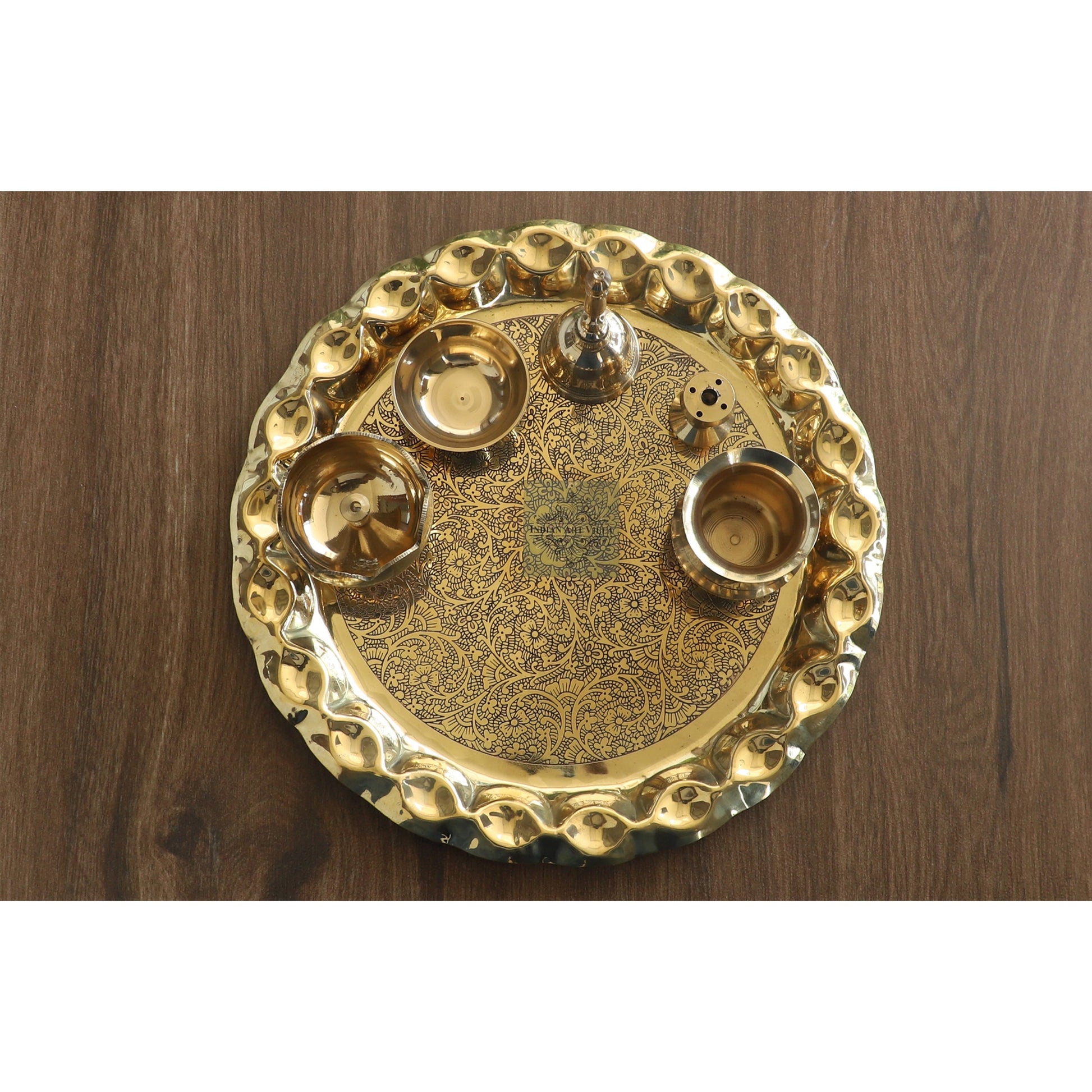 Pure Brass Handmade Embossed Pooja Thali Set with perfect Space & Raised Borders , Spiritual Item, 25.65 cm