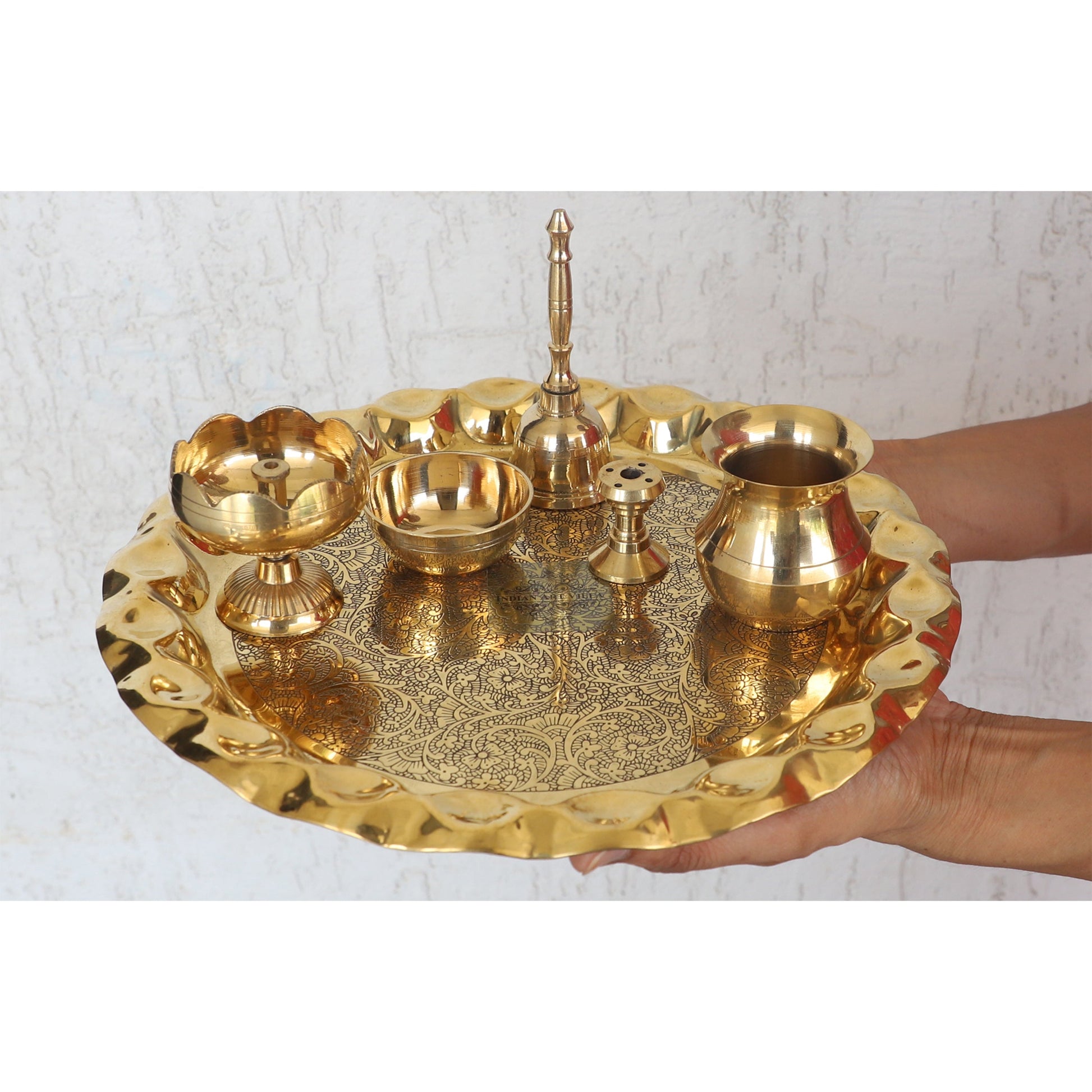 Pure Brass Handmade Embossed Pooja Thali Set with perfect Space & Raised Borders , Spiritual Item, 25.65 cm