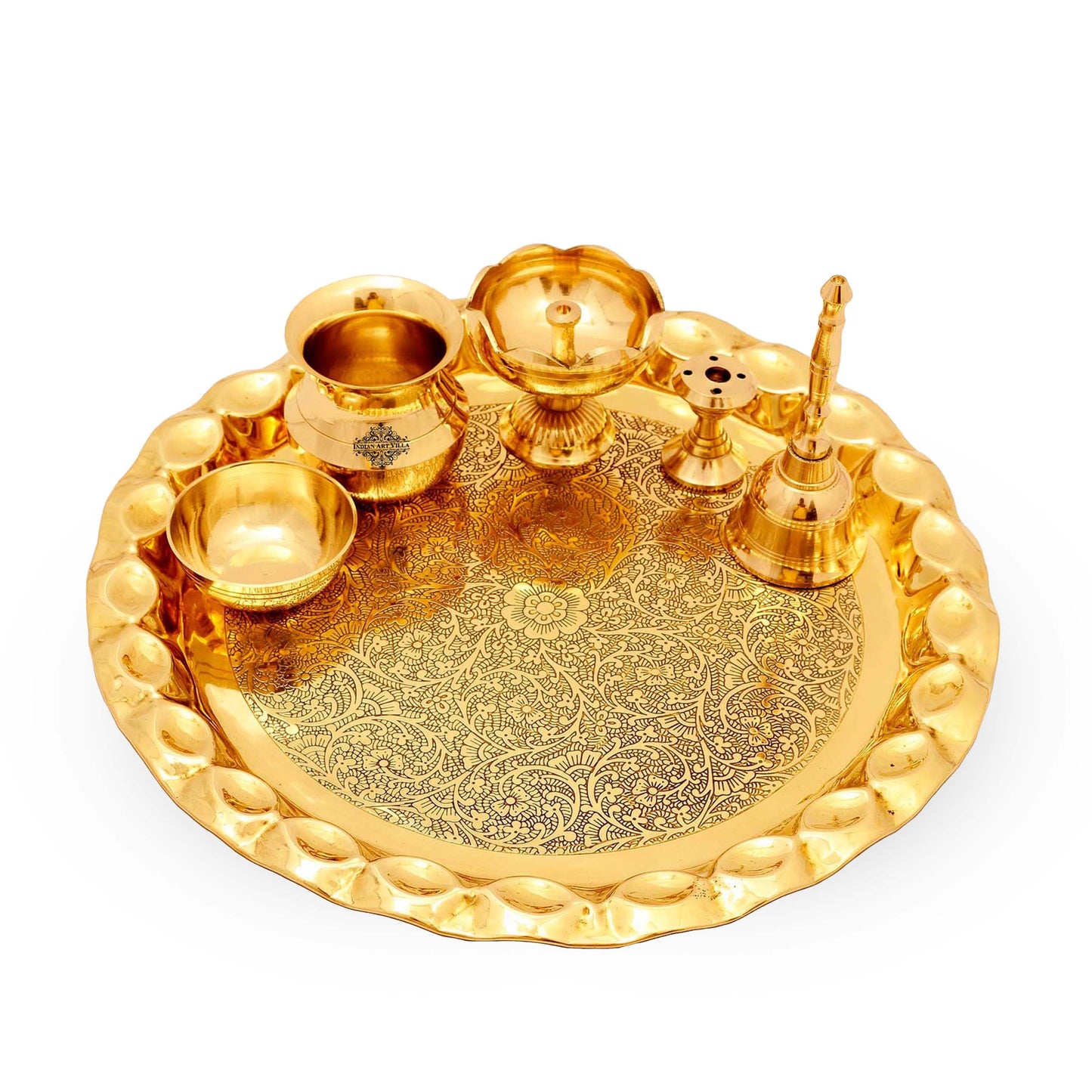 Pure Brass Handmade Embossed Pooja Thali Set with perfect Space & Raised Borders , Spiritual Item, 25.65 cm