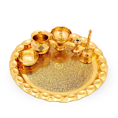 Pure Brass Handmade Embossed Pooja Thali Set with perfect Space & Raised Borders , Spiritual Item, 25.65 cm