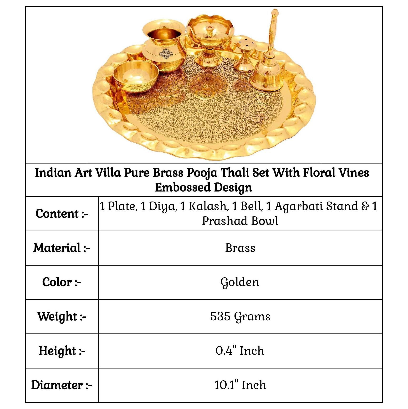 Pure Brass Handmade Embossed Pooja Thali Set with perfect Space & Raised Borders , Spiritual Item, 25.65 cm