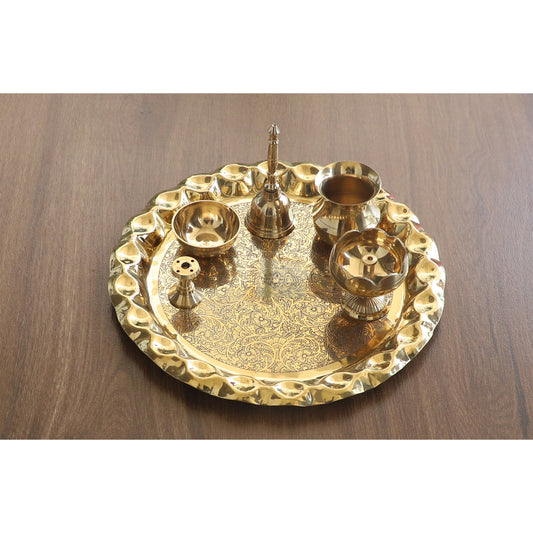 Pure Brass Handmade Embossed Pooja Thali Set with perfect Space & Raised Borders , Spiritual Item, 25.65 cm