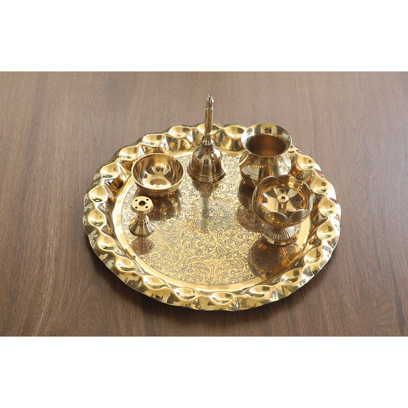 Pure Brass Handmade Embossed Pooja Thali Set with perfect Space & Raised Borders , Spiritual Item, 25.65 cm
