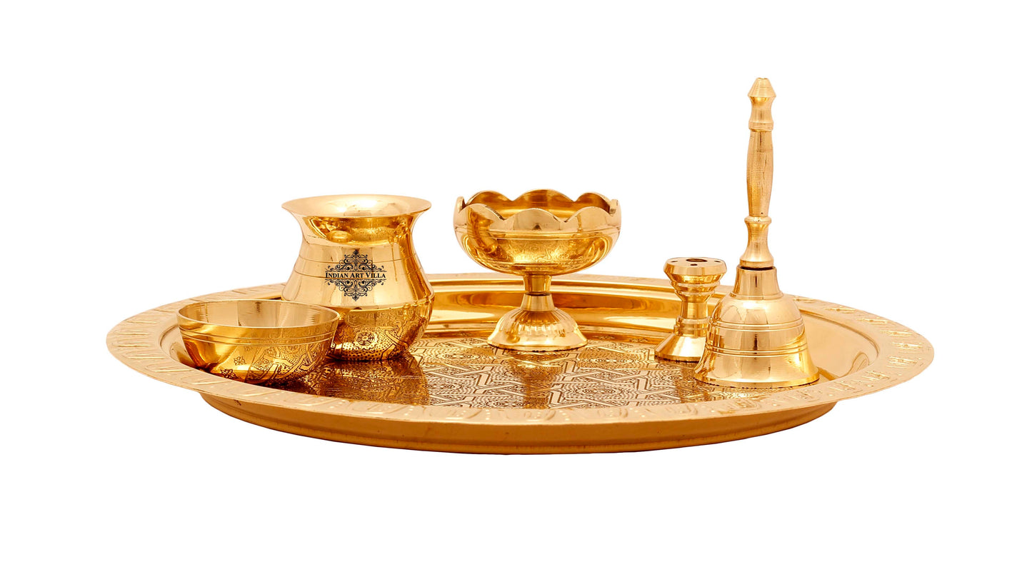 Brass Handmade Embossed Pooja Thali Set, Spiritual Item , 26.67 cm
