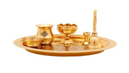 Brass Handmade Embossed Pooja Thali Set, Spiritual Item , 26.67 cm