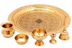 Brass Handmade Embossed Pooja Thali Set, Spiritual Item , 26.67 cm