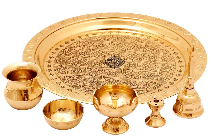 Brass Handmade Embossed Pooja Thali Set, Spiritual Item , 26.67 cm