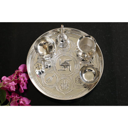 Silver Plated Puja Thali Set With Shine Finish Design , Religious Spiritual Item, Home Temple, Diameter- 20.32 cm