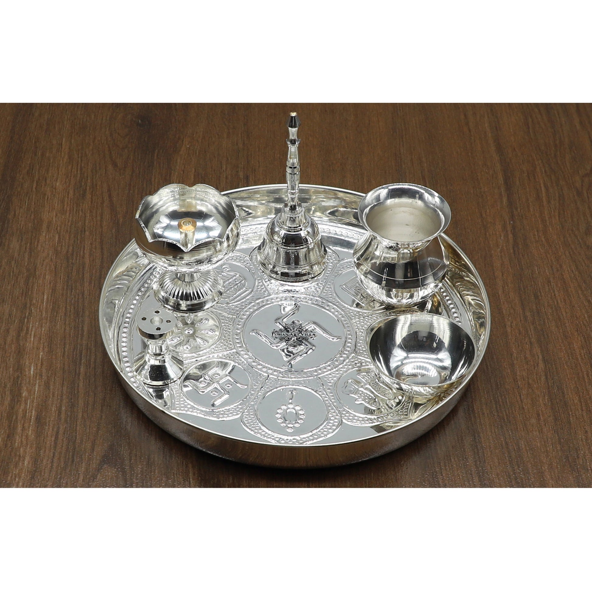 Silver Plated Puja Thali Set With Shine Finish Design , Religious Spiritual Item, Home Temple, Diameter- 20.32 cm