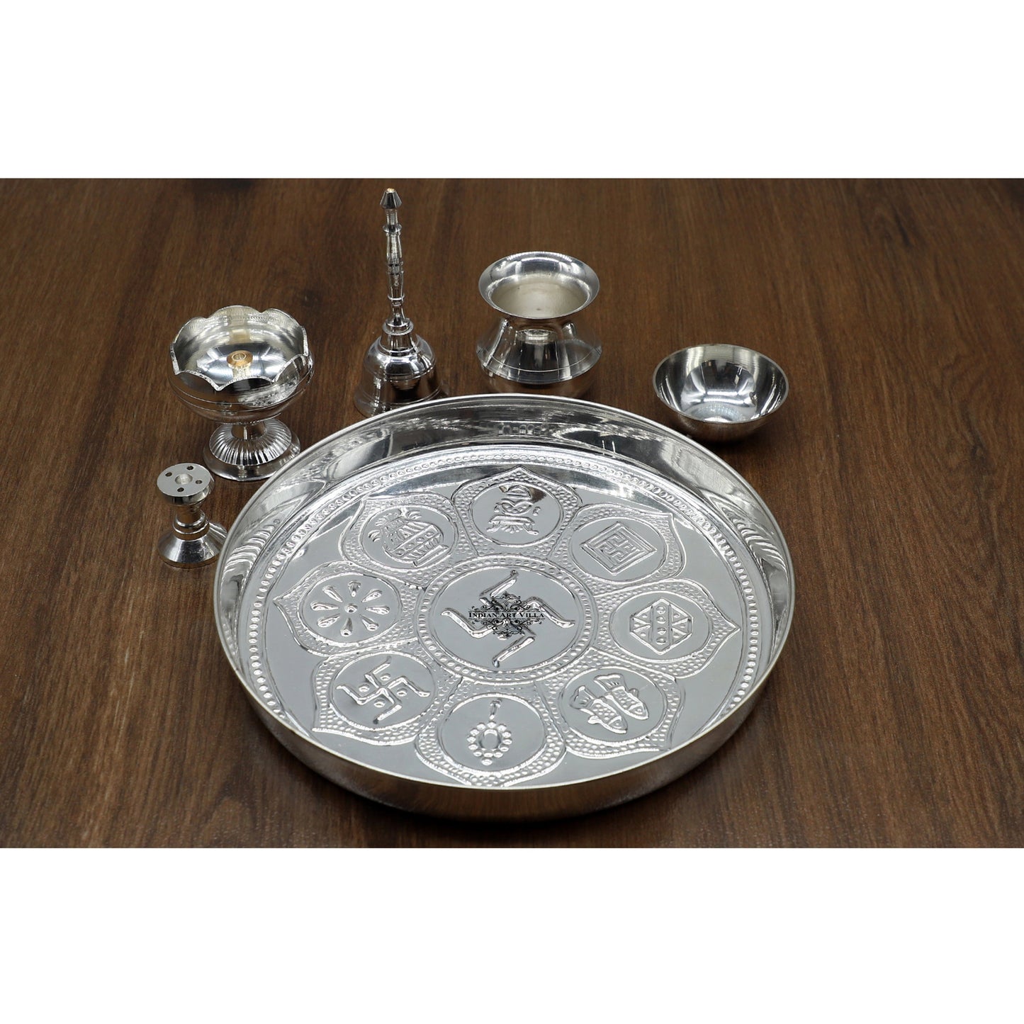 Silver Plated Puja Thali Set With Shine Finish Design , Religious Spiritual Item, Home Temple, Diameter- 20.32 cm