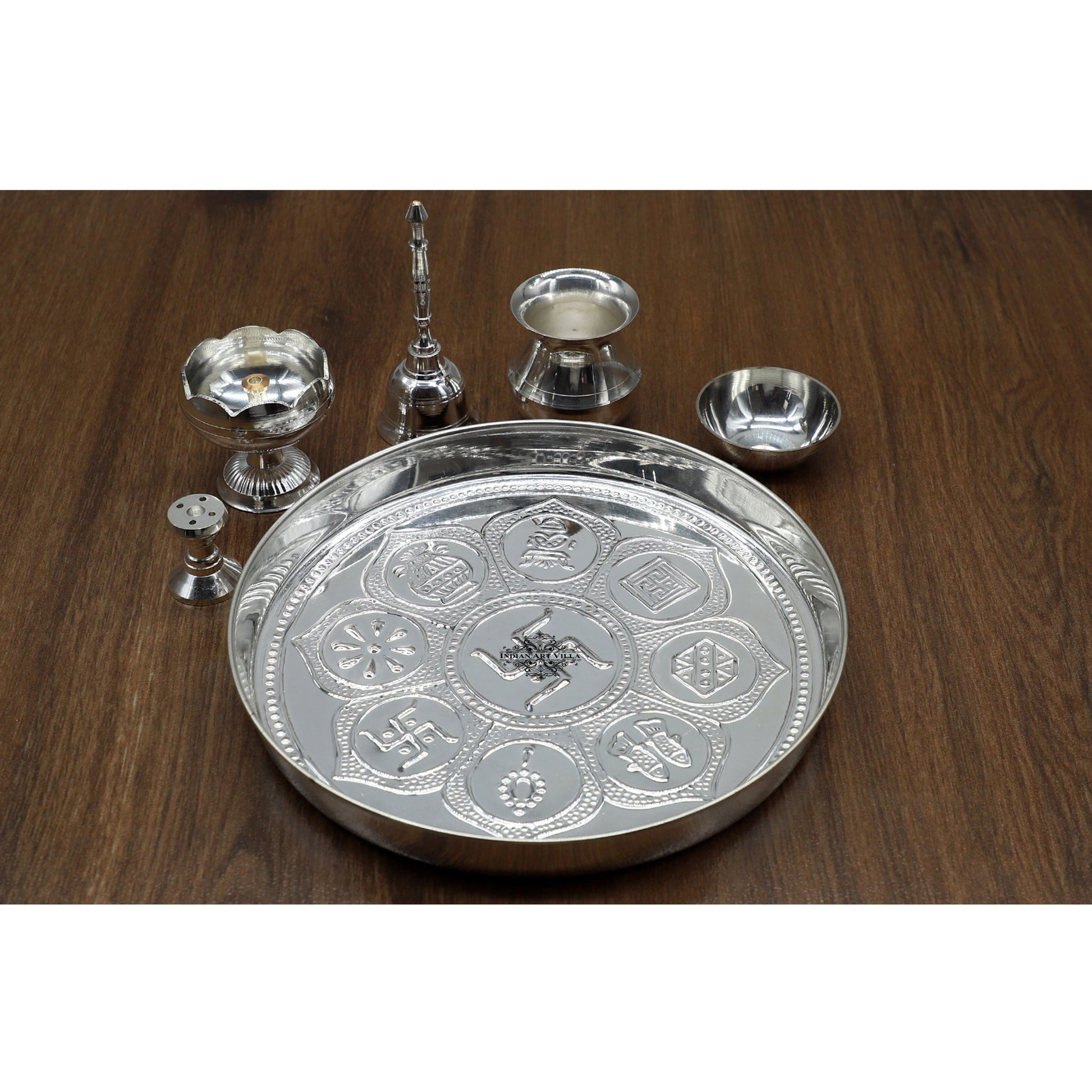 Silver Plated Puja Thali Set With Shine Finish Design , Religious Spiritual Item, Home Temple, Diameter- 20.32 cm
