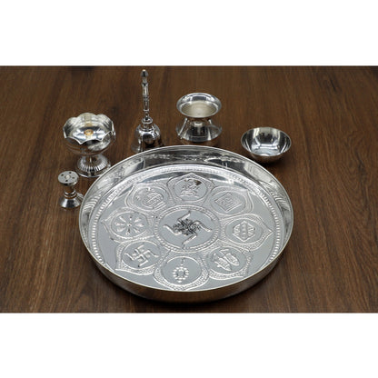 Silver Plated Puja Thali Set With Shine Finish Design , Religious Spiritual Item, Home Temple, Diameter- 20.32 cm