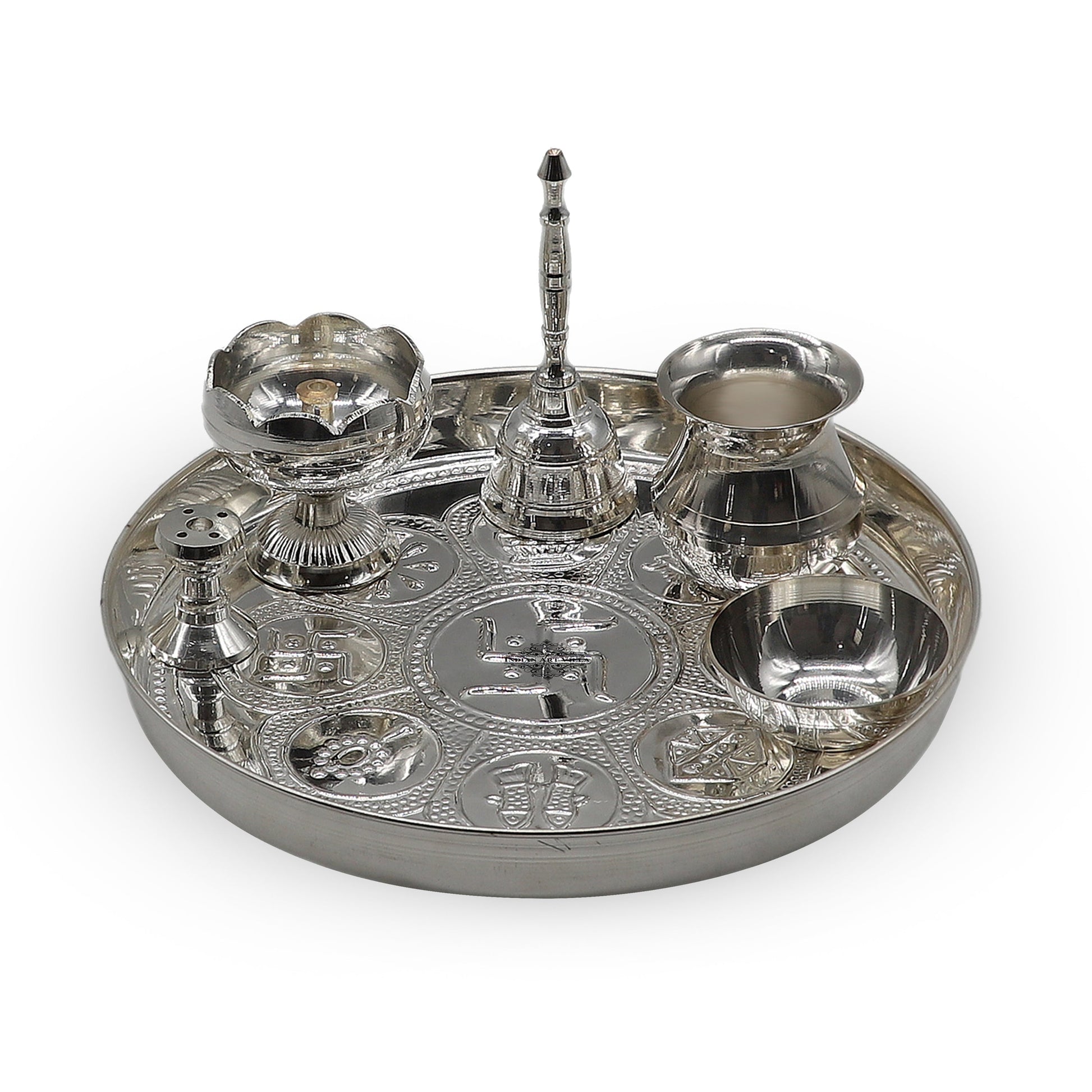Silver Plated Puja Thali Set With Shine Finish Design , Religious Spiritual Item, Home Temple, Diameter- 20.32 cm