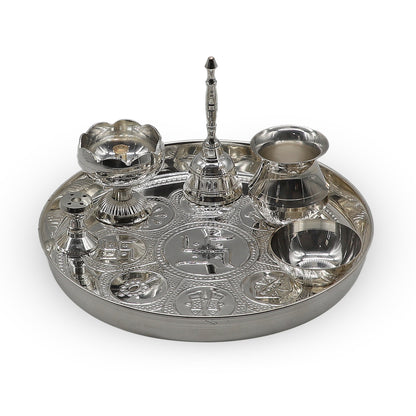 Silver Plated Puja Thali Set With Shine Finish Design , Religious Spiritual Item, Home Temple, Diameter- 20.32 cm