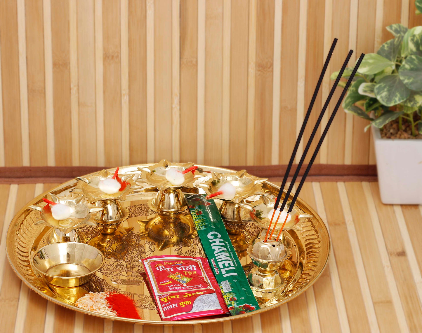 Handmade Pure Brass Puja Thali Set, Spiritual Items, 28.45 cm