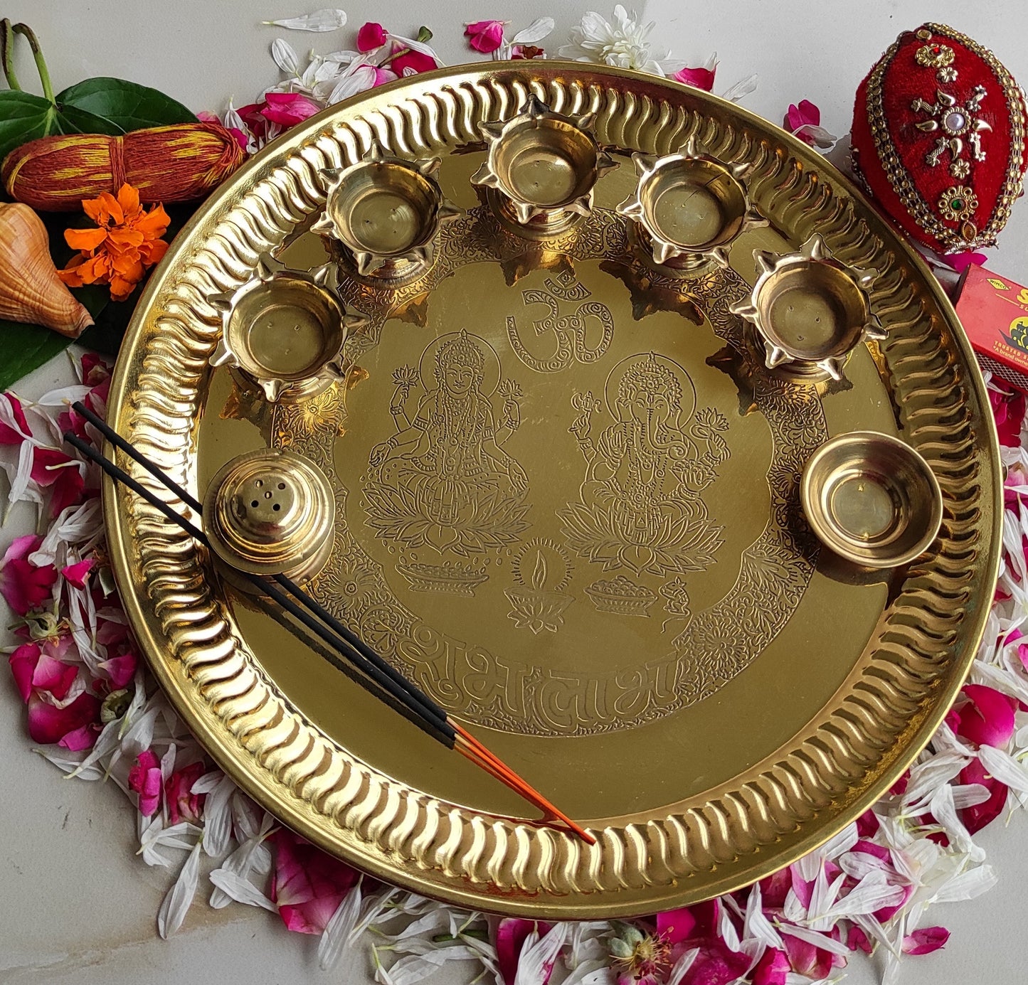 Handmade Pure Brass Puja Thali Set, Spiritual Items, 28.45 cm