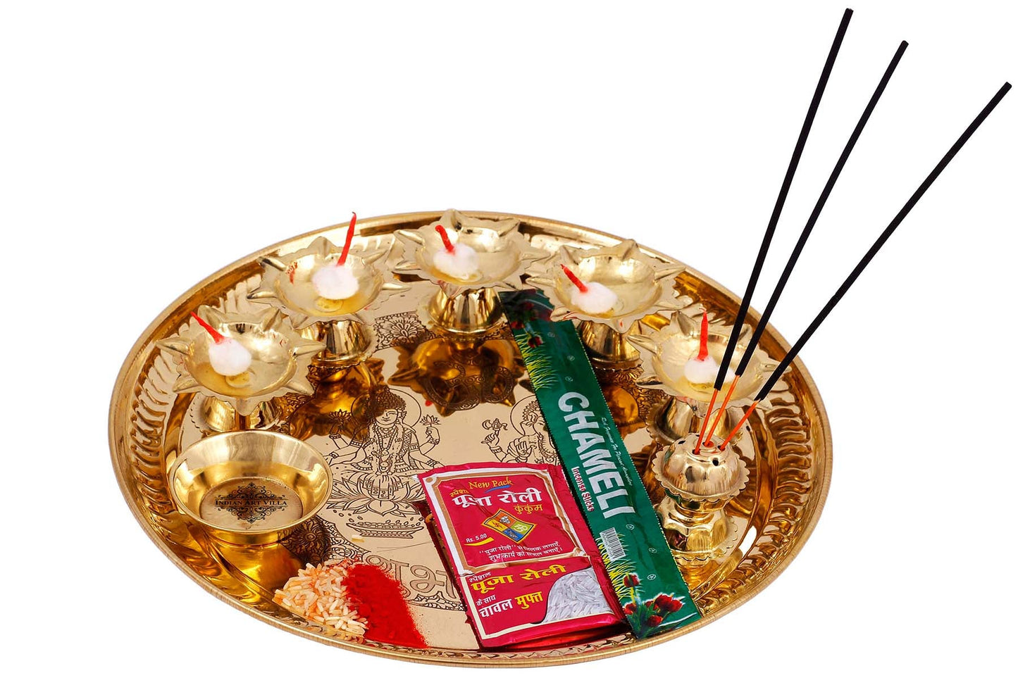 Handmade Pure Brass Puja Thali Set, Spiritual Items, 28.45 cm
