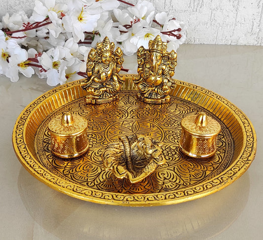 Brass Deep Embossed Design Shree Ganesh & Laxmi 6 Pieces Set Pooja Thali, Width-23.11 cm