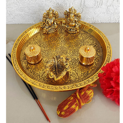 Brass Deep Embossed Design Shree Ganesh & Laxmi 6 Pieces Set Pooja Thali, Width-23.11 cm