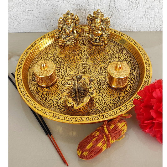 Brass Deep Embossed Design Shree Ganesh & Laxmi 6 Pieces Set Pooja Thali, Width-23.11 cm
