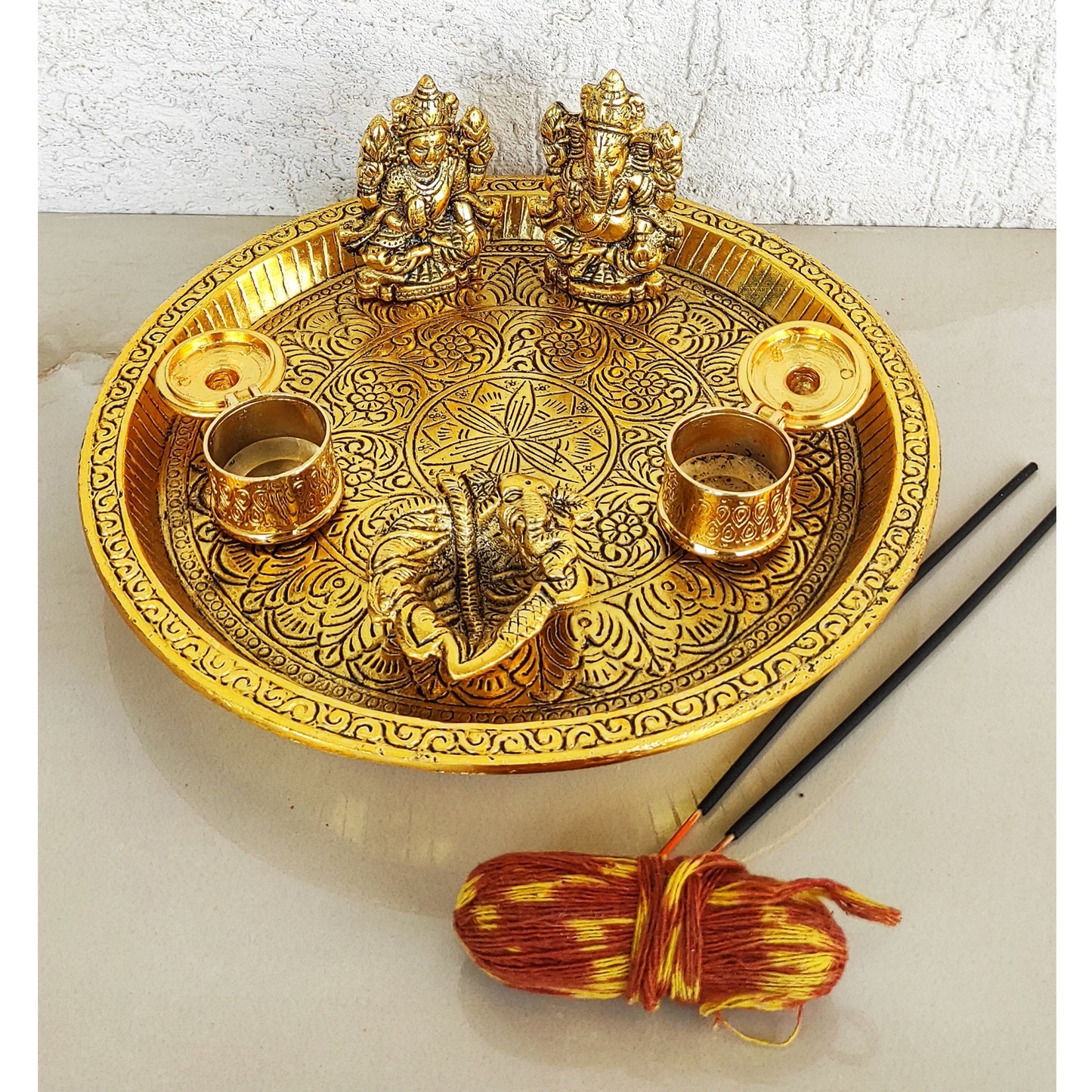 Brass Deep Embossed Design Shree Ganesh & Laxmi 6 Pieces Set Pooja Thali, Width-23.11 cm